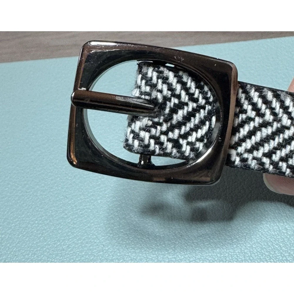 Black & White Herringbone Printed Knit Belt Thin Pewter Buckle Dressy